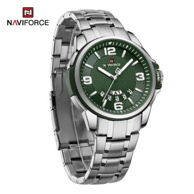 NAVIFORCE 9215 Men Wristwatch Top Brand Luxury Waterproof Watch Original Stainless Steel Sport Military Quartz Male Clock - Silver Green